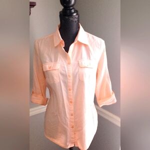 Croft& Barrow Roll Tab Button Front Shirt Peach Chambray Top-M